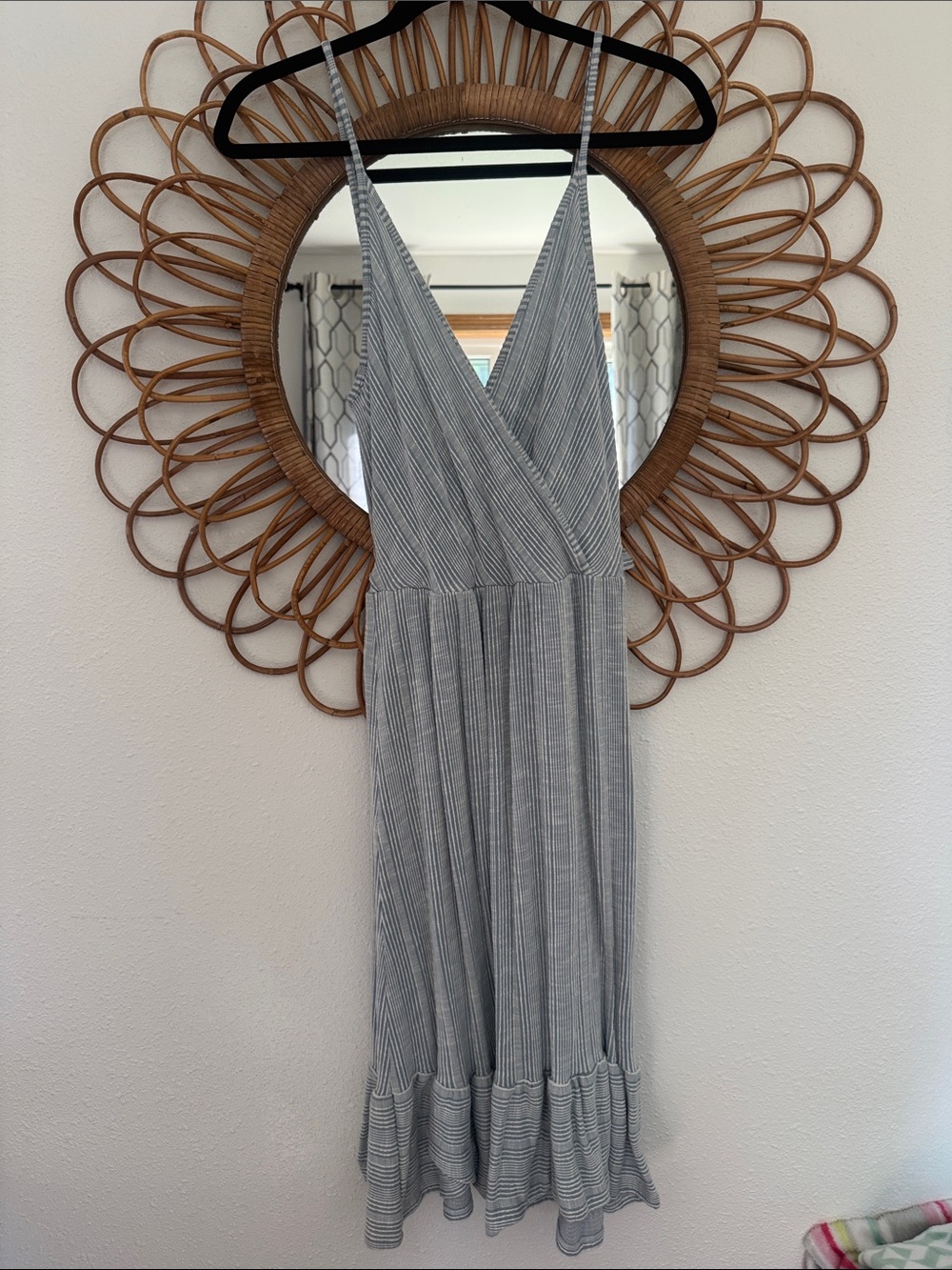 Caution To The Wind Gray Striped Midi Wrap Dress